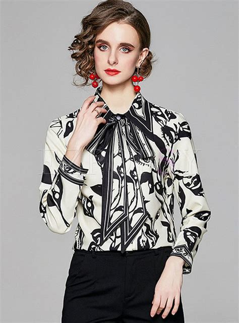 Lapel Print Bowknot Single Breasted Blouse In 2021 Blouse Fashion Women