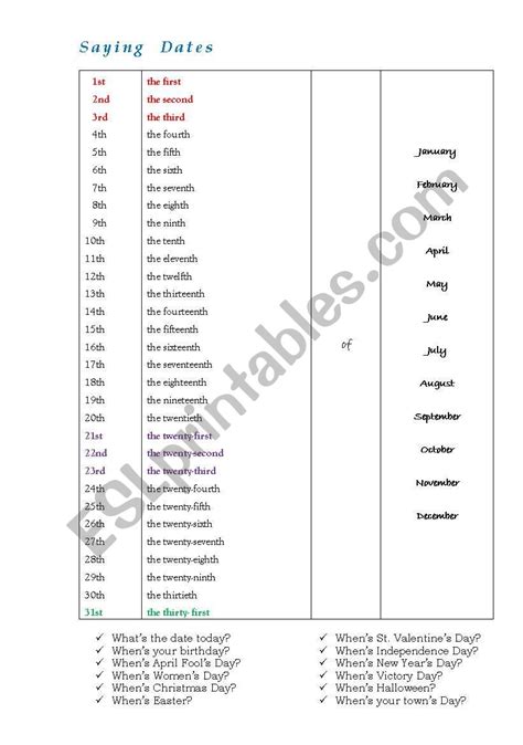English Worksheets Saying Dates