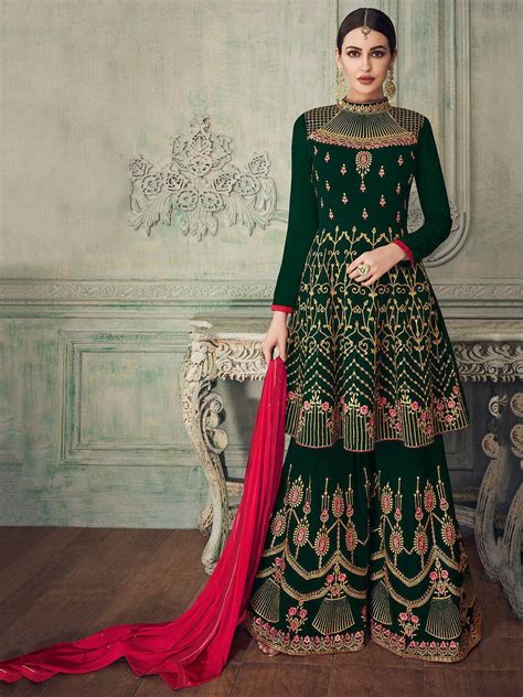 Dark Green Embroidered Georgette Festive Pakistani Sharara Etsy In 2021 Fashion Bollywood