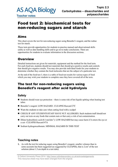 Testing For Reducing And Non Reducing Sugars Teacher Notes