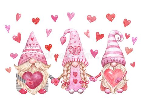 Set Of Cute Valentine Gnomes With Hearts And Sweets Isolated On White