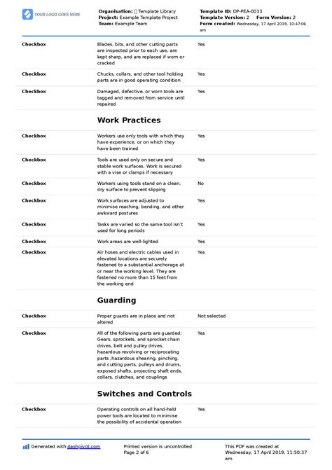 Power Tool Inspection Checklist Template Free And Edtaible Form