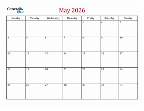 May 2026 Simple Calendar With Monday Start