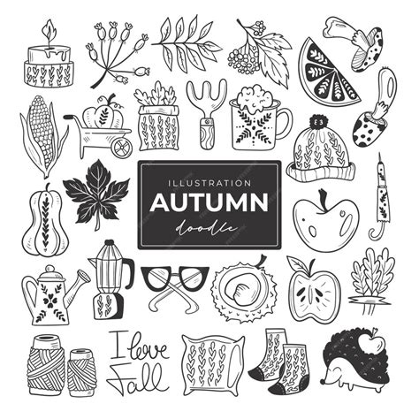 Premium Vector Hand Drawn Autumn Doodle Colorless Illustrations Set