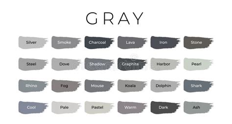 Gray Paint Color Swatches With Shade Names On Brush Strokes Stock