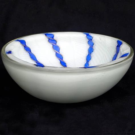 Murano White Blue Aventurine Ribbons Italian Art Glass Bowl For Sale At 1stdibs