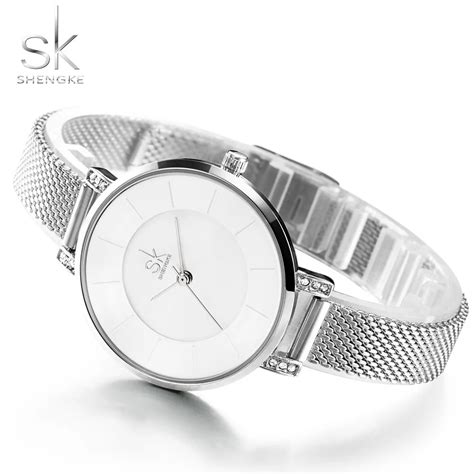 Sk Super Slim Sliver Mesh Stainless Steel Watches Woman Top Brand