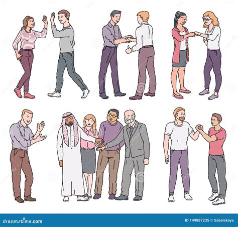 Set Of Standing People With Greeting And Showing Respect Gestures