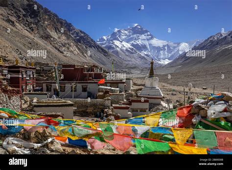 Mount Everest Base Camp With Rongbuk Monastery In Shigatse Tibet Stock