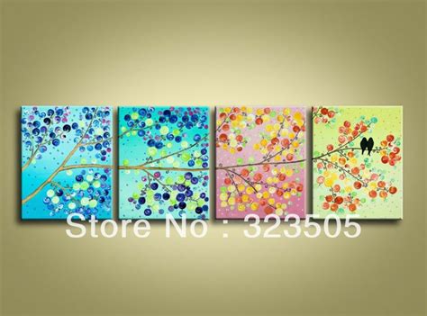 4 Piece Canvas Wall Art Modern Abstract Wall Deco 4 Season Tree Picture Oil Painting Framed Home