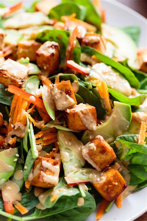 Chilled tofu with soy dressing offers the perfect balance of textures: Marinated Tofu - Avocado & Spinach Salad - Karma ...
