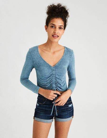 American Eagle Outfitters Ae Soft And Sexy Long Sleeve Ruched Front T Shirt
