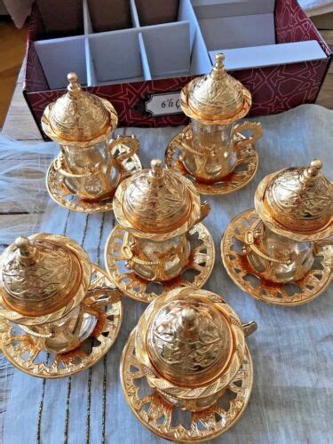 Turkish Tea Set Of 6 Copper Movable Holder Bowl Glass Cup Ottoman