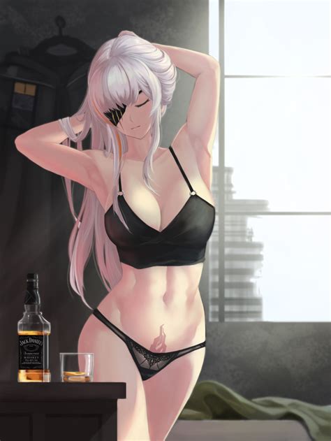 Safebooru 1girl Absurdres Alcohol Armpits Arms Up Bangs Bare Arms