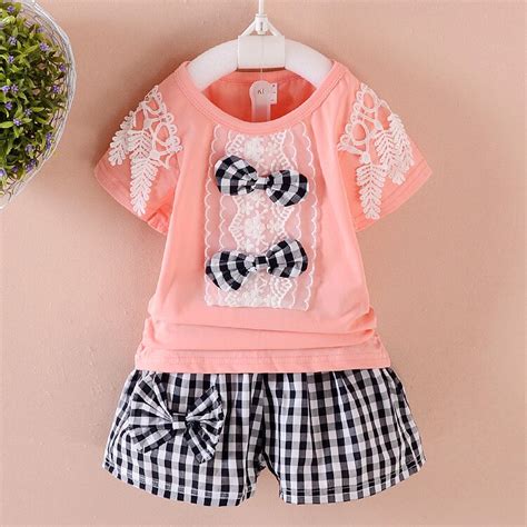 Summer Baby Girls Clothes Set Cotton Cute Bow T Shirtslattice Shorts