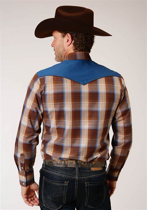 Roper Mens Brown Plaid Wgold Lurex Western Snap Shirt