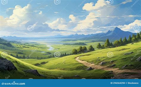 Anime Influenced Serene Pastoral Scene With Mountains And Path Stock