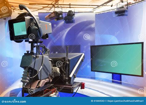 Tv News Studio With Camera And Lights Stock Image Image Of Shooting
