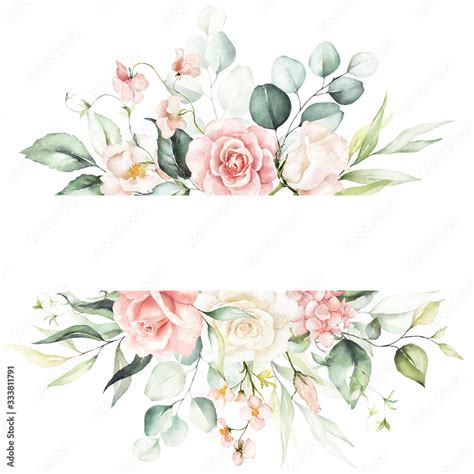 Watercolor Floral Frame Border Flowers And Green Leaves For Wedding Stationary Greetings