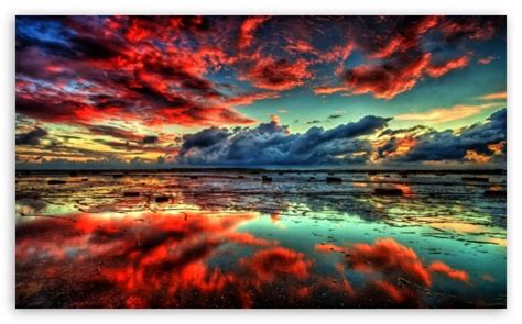 Red Clouds On Lake Ultra Hd Desktop Background Wallpaper