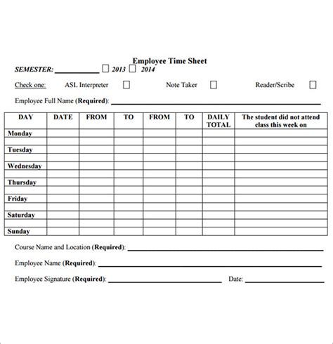 Employee Timesheet Sample 11 Documents In Word Excel Pdf