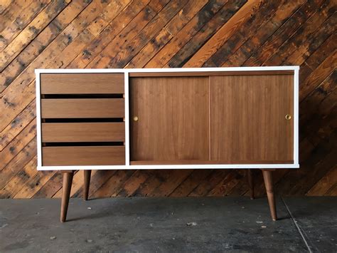 Custom Mid Century Style White Lacquer Walnut Credenza The Hunt Vintage