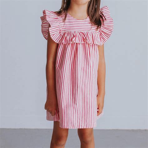 Little Girls Pink And White Stripe Ruffle Cotton Dress With Ruffle Co