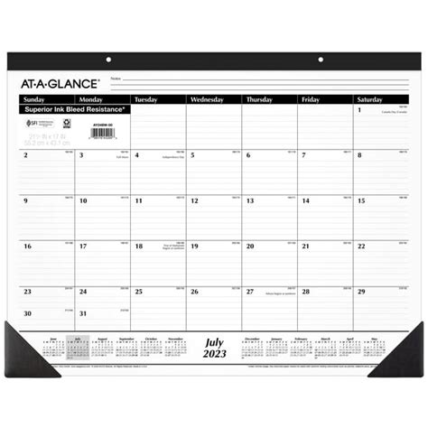 At A Glance Academic Monthly Desk Pad 2175 In X 17 In White July