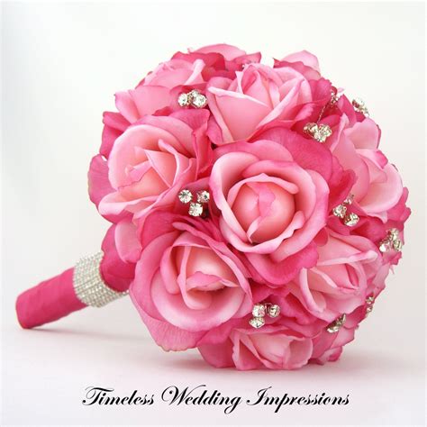 Hot Pink Bridal Bouquet Roses Bling Crystals By