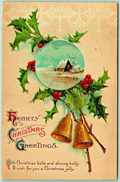Holly Bells Poem Jolly Hearty Christmas Greetings Embossed 1912 Db