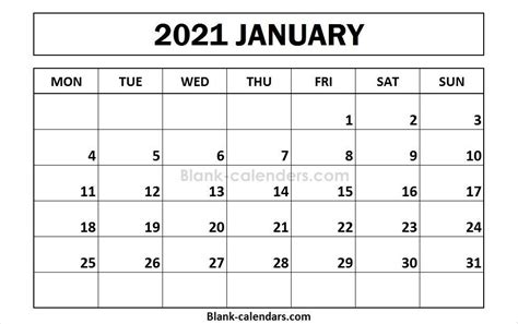 Printable January 2021 Calendar Monday Start Calendar Printables