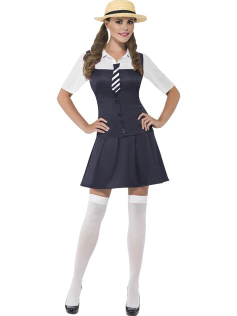 Ladies School Girl Costume St Trinians Schoolgirl Fancy Dress And Straw Boater Hat Ebay