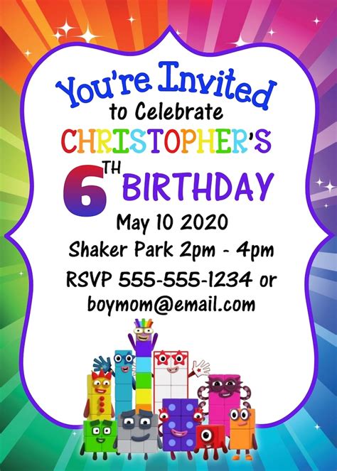 Numberblocks Birthday Invitation Number Blocks Party Invitation Cu
