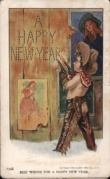 Best Wishes For A Happy New Year Child Playing Cowboy Shoots Words A