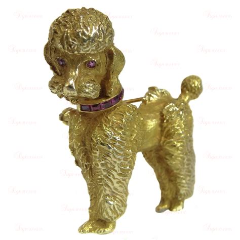 Vintage Retro 14k Yellow Gold Pink Ruby Poodle Dog Pin Brooc