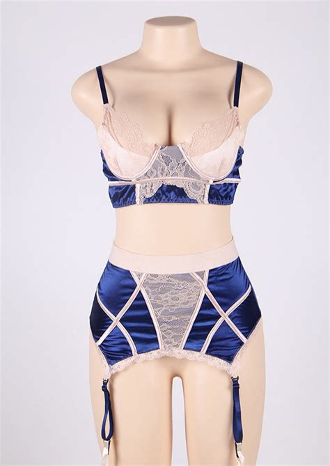 Blue Bra Deep Suspender Belt And Panties Set With Beige Lace Etsy