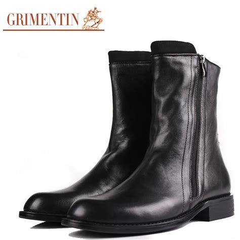 Grimentin Brand New Trend Mens Mid Calf Boots Genuine Leather Black