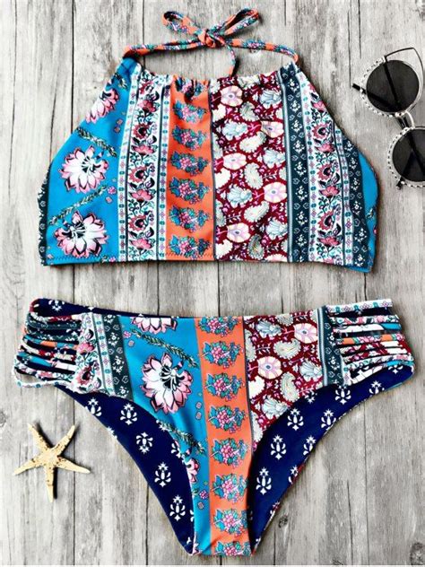 Ad Patchwork Print High Neck Bikini Set Floral Comes In Mixed