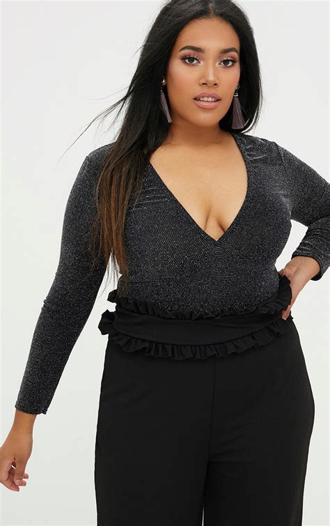 Plus Black Lurex Plunge Bodysuit Plus Size Prettylittlething