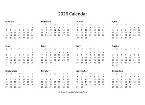 2026 Year Calendar Yearly Printable Gambaran
