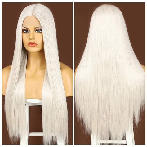 60 Platinum Blonde Synthetic Lace Front Wigs With Deep Middle Part