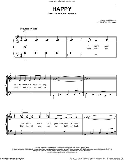 Find and print professionally arranged piano sheet music for beginner/level 1 through easy/level 5 piano. Williams - Happy, (beginner) sheet music for piano solo