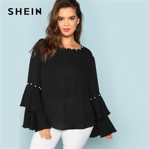 Shein Pearls Embellished Layered Ruffle Sleeve Plus Size Women Black