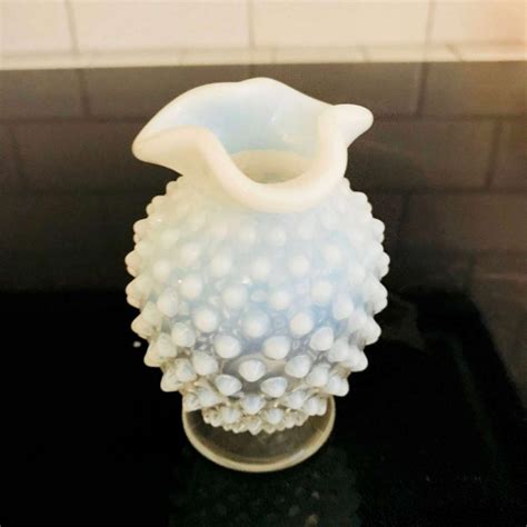 Fenton Hobnail 1950 S White Clear Glass Miniature Vase 3 7 8 Tall Opalescent Rim Collectible