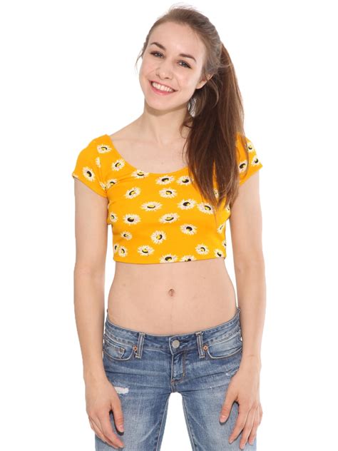 Enlin Daisy Floral Print Cap Sleeve Crop Top Midriff Belly Shirt In