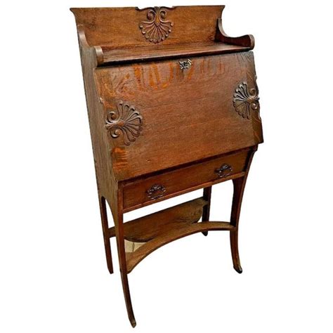 Antique Secretary Desk Solid Oak Locking Door With Key Bottom Etsy