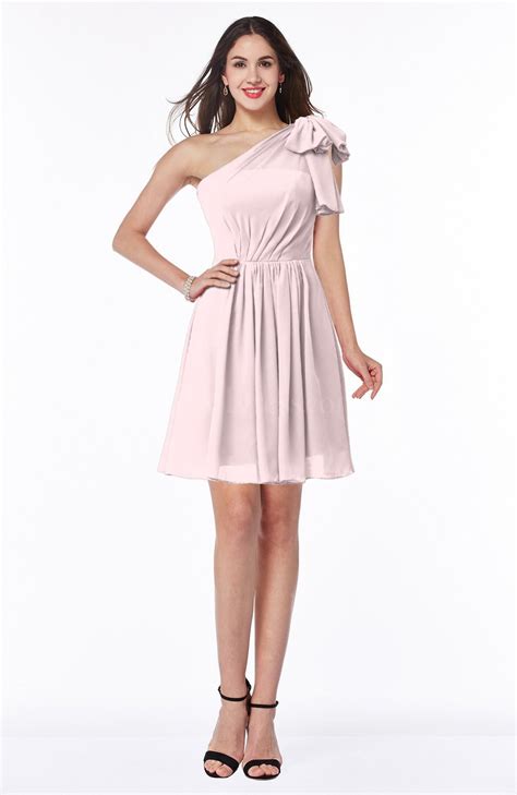 Petal Pink Casual A Line One Shoulder Sleeveless Half Backless Bow