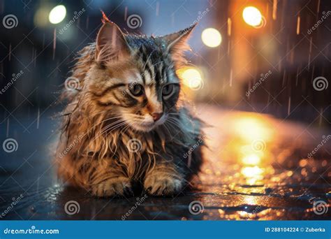 Lonely Cat During Rain Outside Stock Illustration Illustration Of