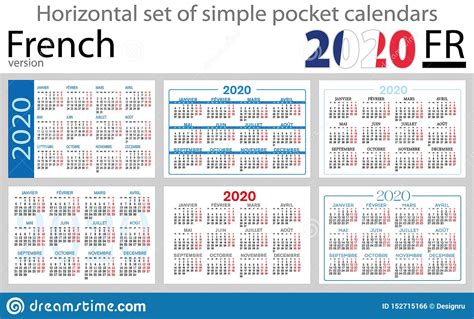 French Horizontal Set Of Pocket Calendars For 2020 Stock Vector