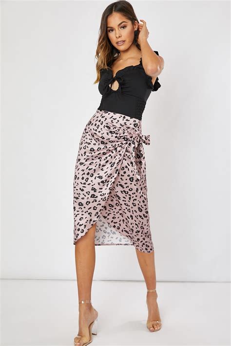 Pink Leopard Print Wrap Satin Skirt In The Style
